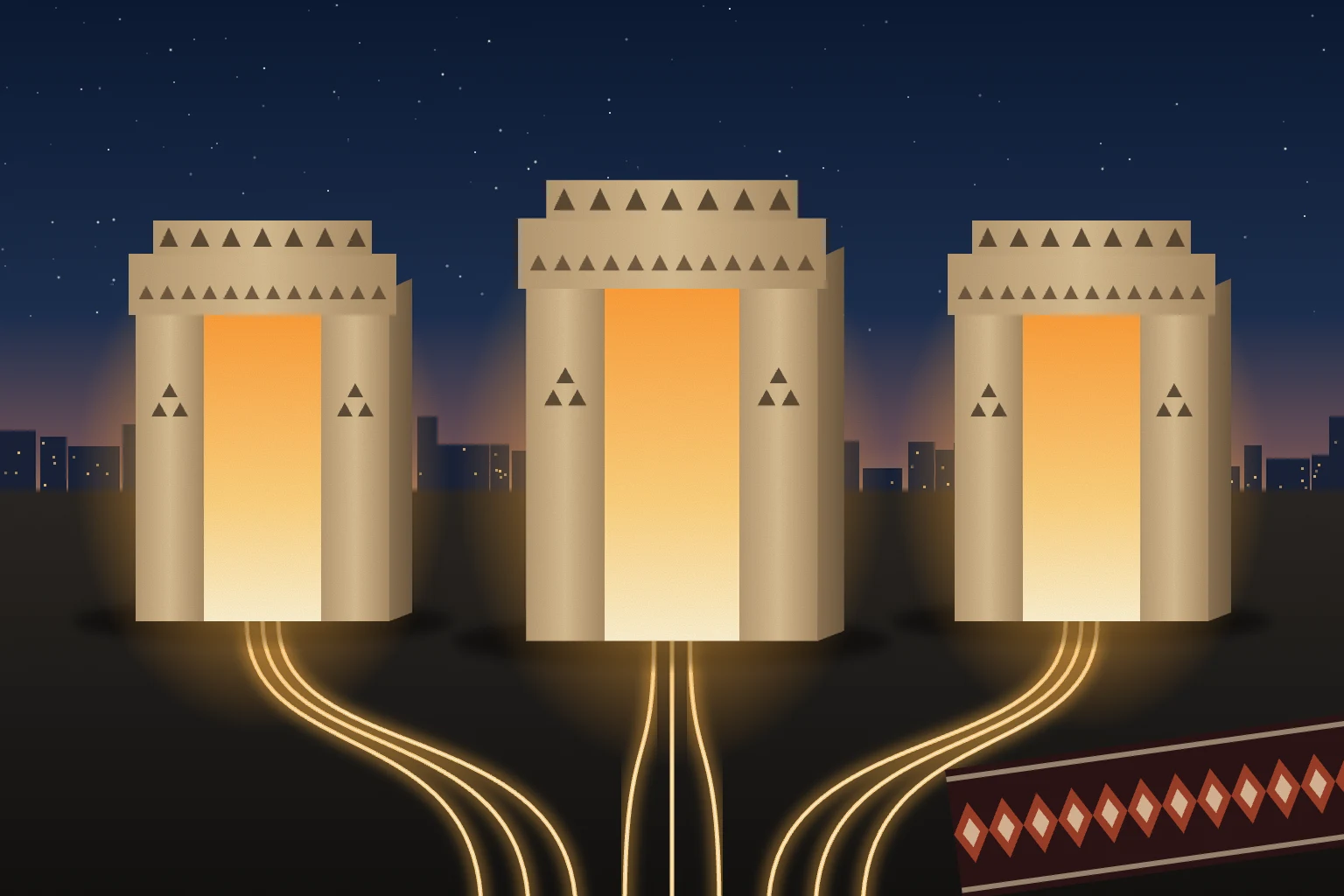 ثلاث بوابات نجدية من الحجر الرملي تحت سماء ليلية، يخرج من كل واحدة مسار ضوء ذهبي، ترمز إلى نماذج علّام وجيس وفنار