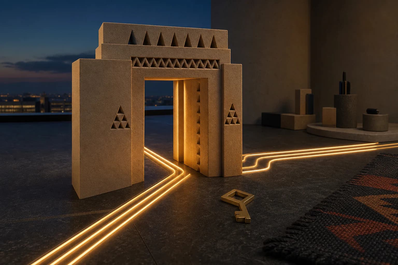 بوابة معمارية سعودية حديثة تتصل بمسارات ضوء دقيقة ترمز إلى ربط الأدوات عبر MCP