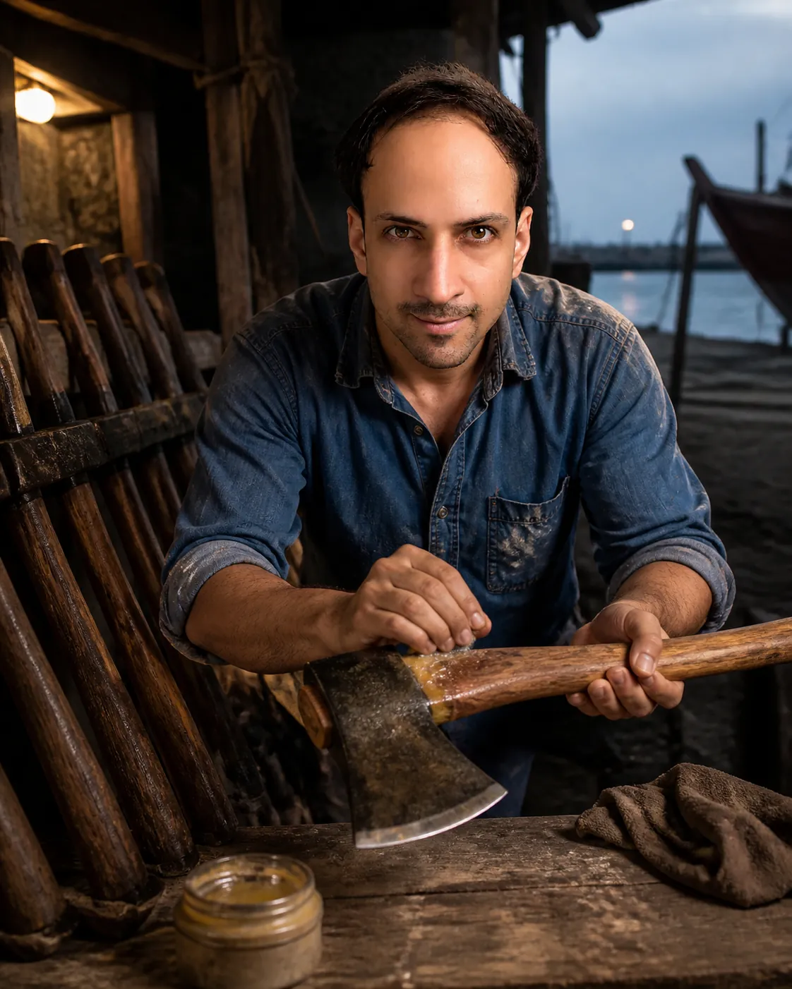 Time As Polish: Dim Dhow-Repair Shed — AI Portrait Prompt