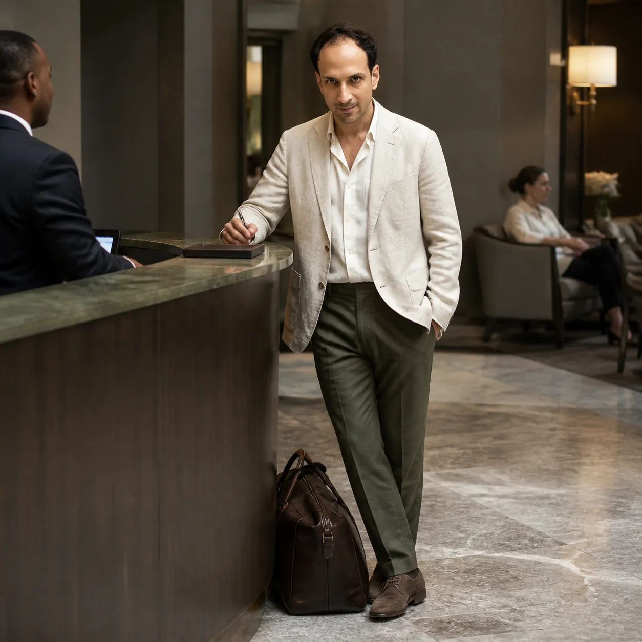 The Holdall in the Hotel Lobby — AI Portrait Prompt