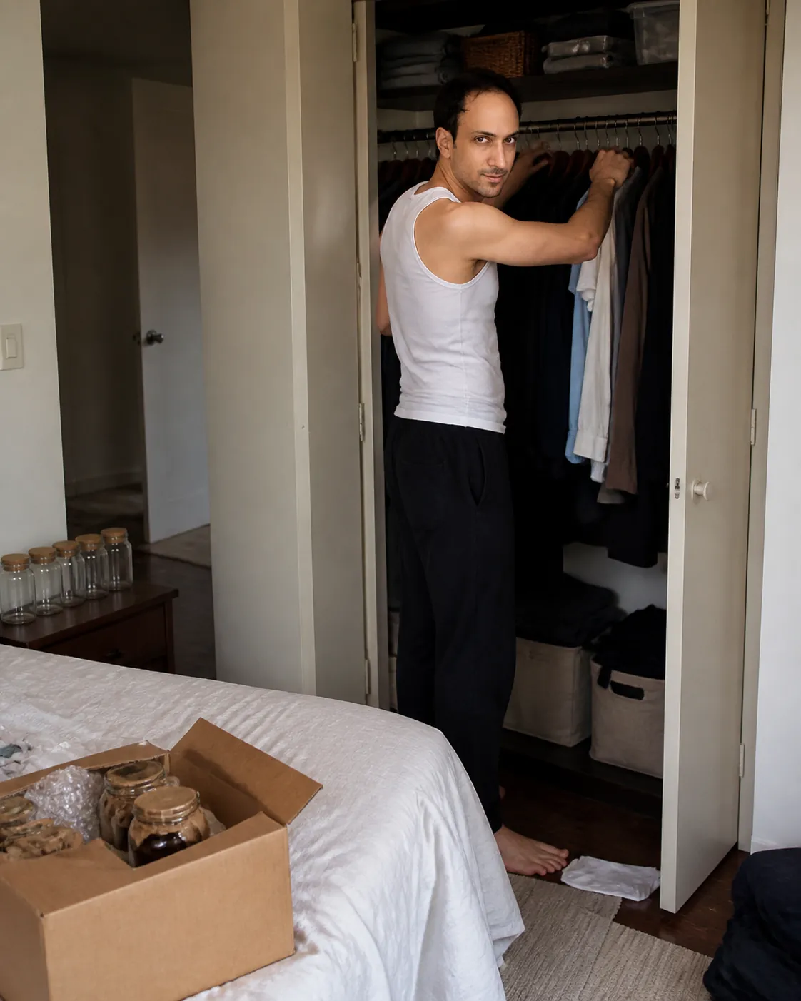 Open Wardrobe, Unfinished Shelf — AI Portrait Prompt