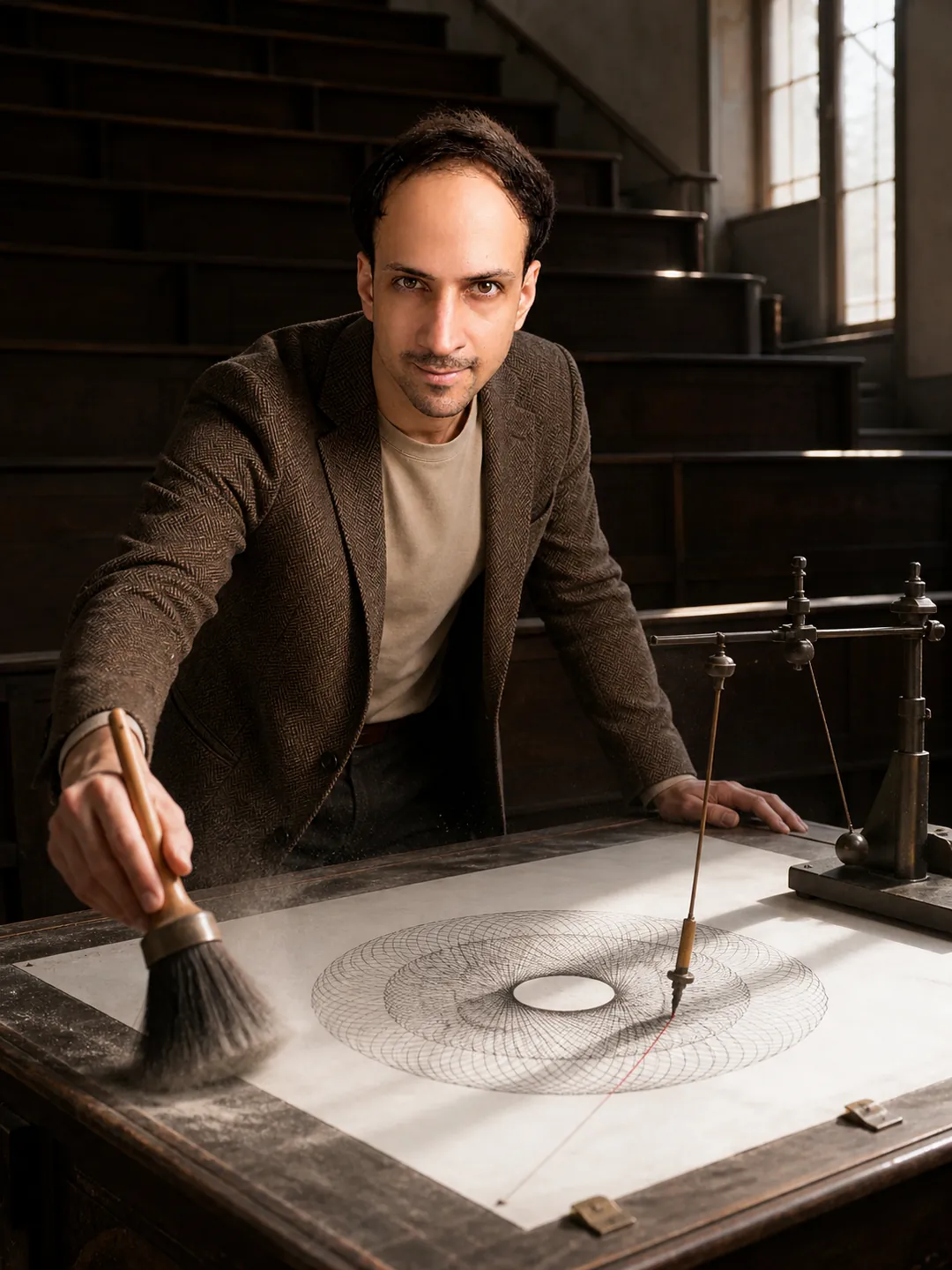 Harmonograph Rosette in the Empty Lecture Hall — AI Portrait Prompt