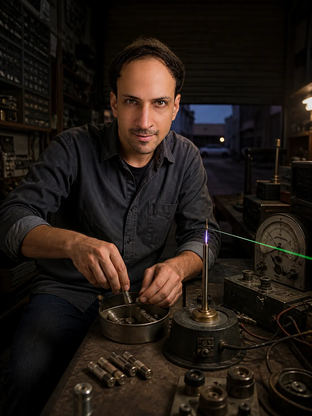Written Once: Narrow Electronics Repair Shop — AI Portrait Prompt