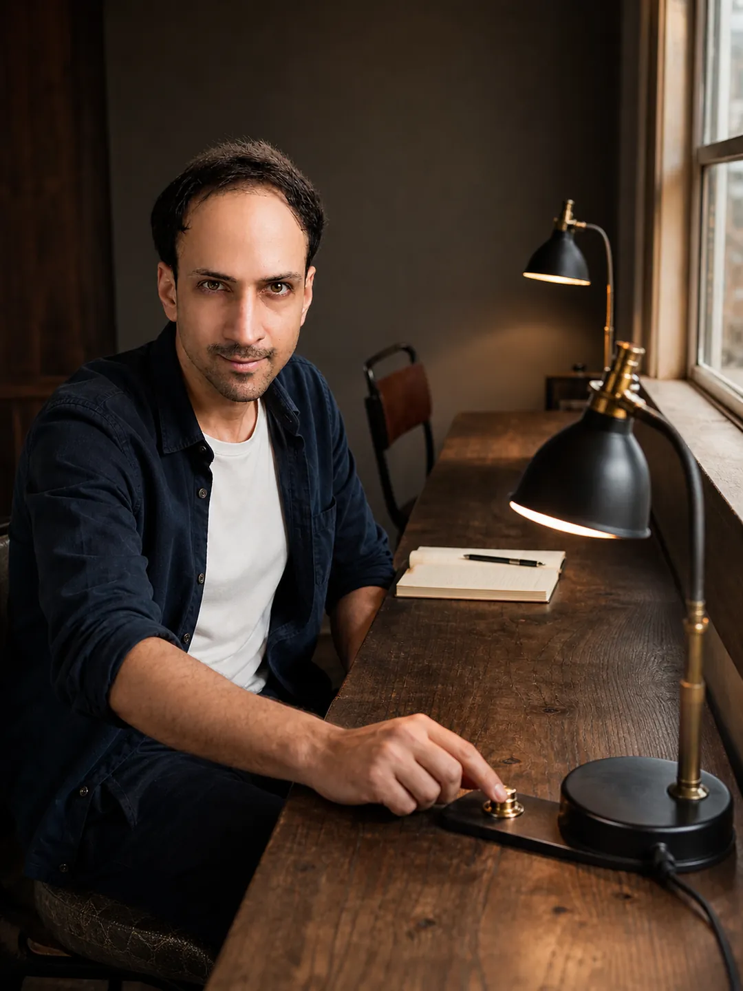Borrowed Steadiness: Long Shared Desk by a Window — AI Portrait Prompt