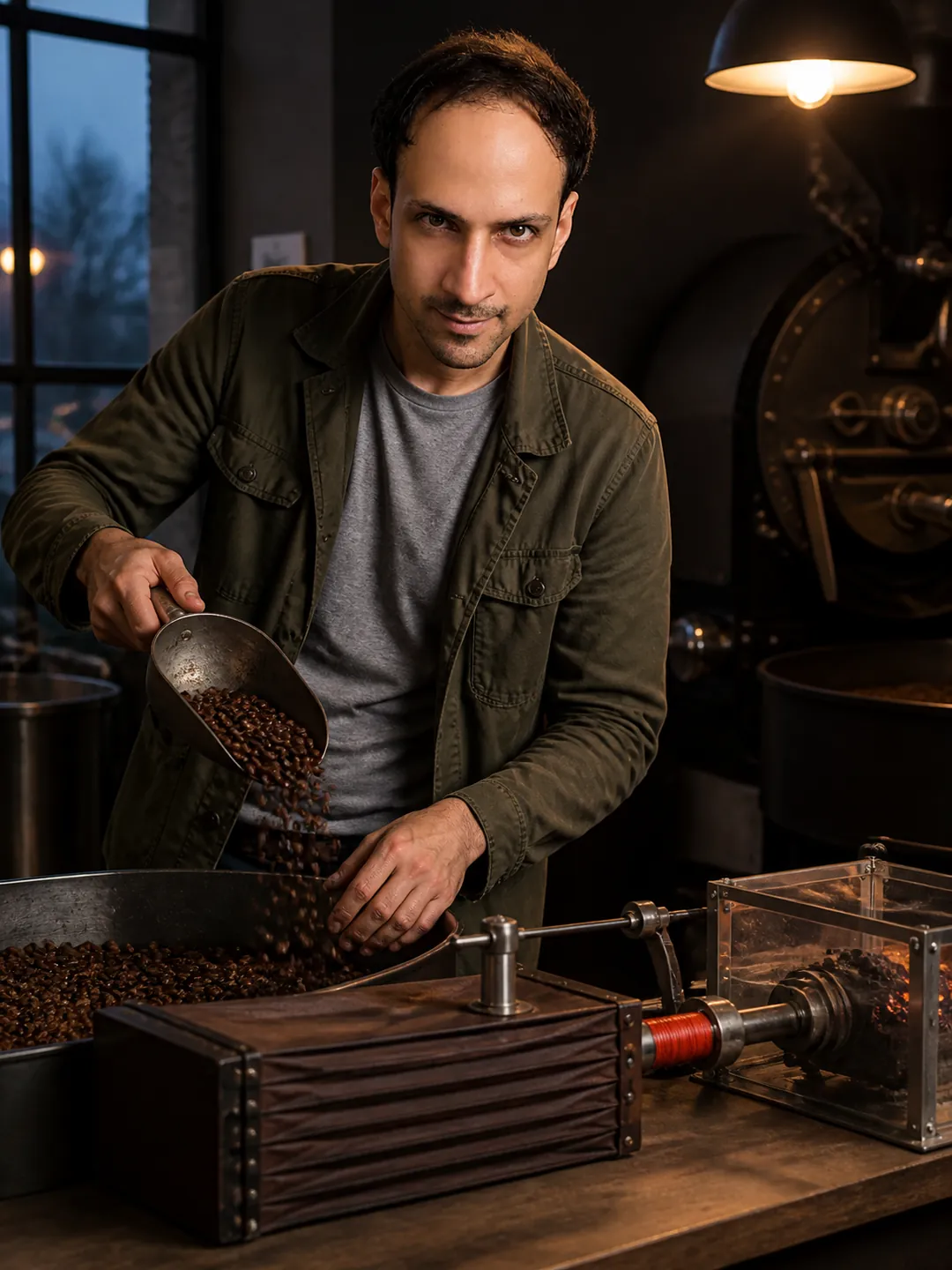 Mechanics of Calm: Coffee Roastery's Quiet Corner — AI Portrait Prompt