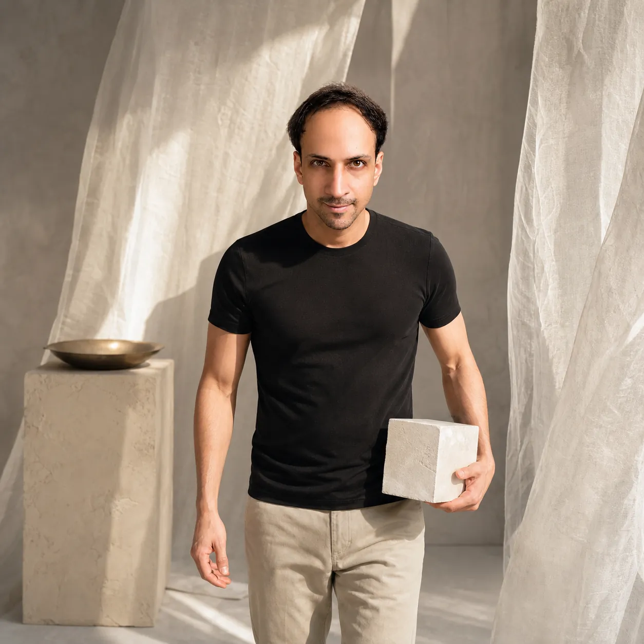 Studio Minimalism: Passage with a small plaster cube — AI Portrait Prompt