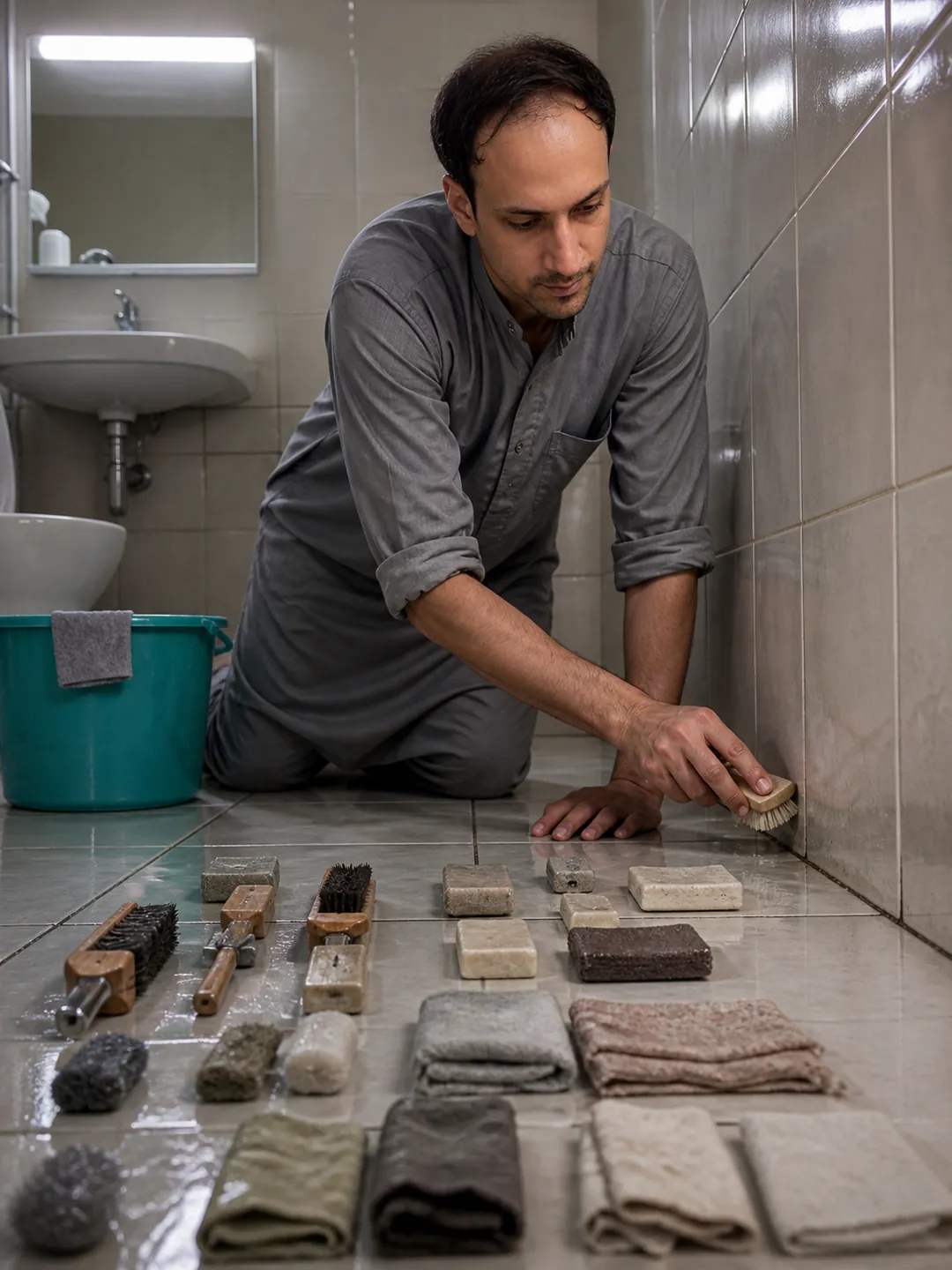 At Three: Small Tiled Bathroom — AI Portrait Prompt