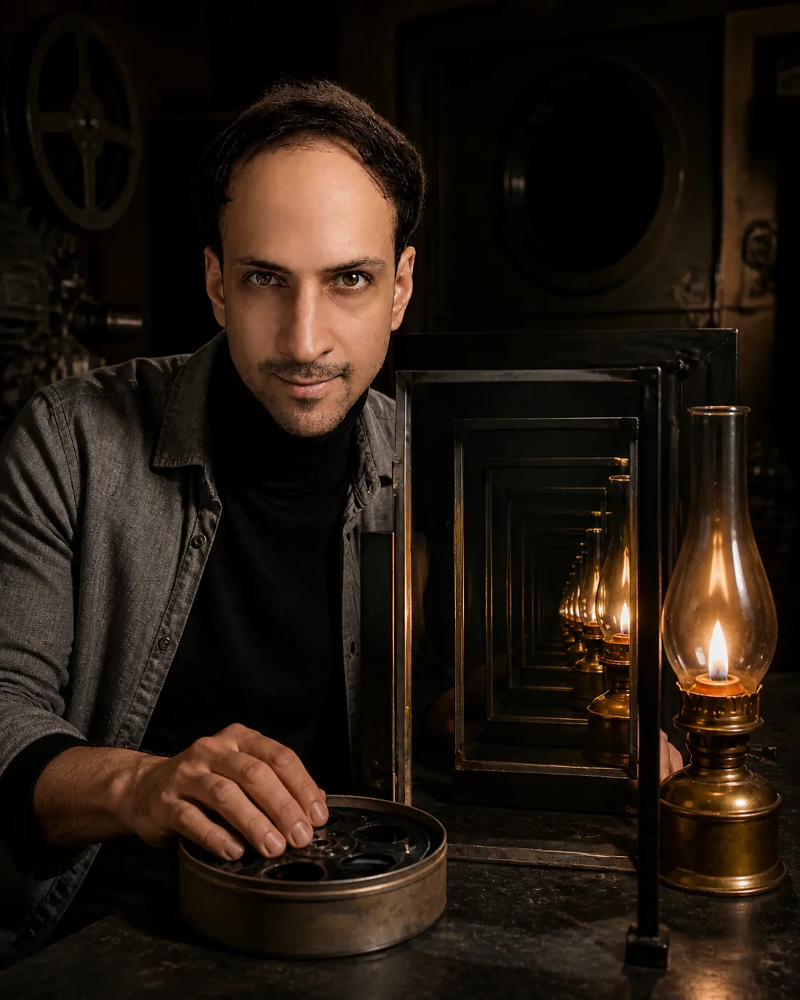 Exactly Once: Cinema Projection Booth — AI Portrait Prompt