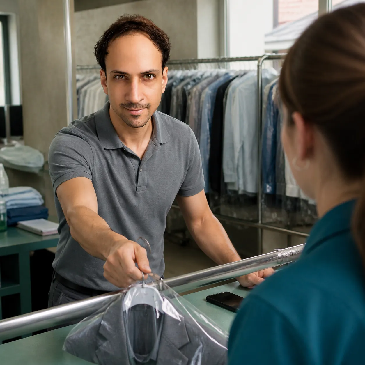 At the Dry Cleaner's Counter — AI Portrait Prompt