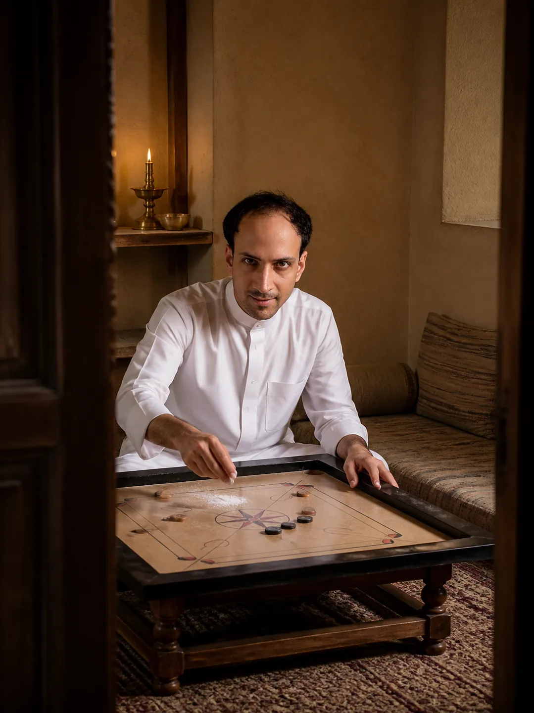 Furnished Presence: Majlis Corner Given to a Carom Board — AI Portrait Prompt