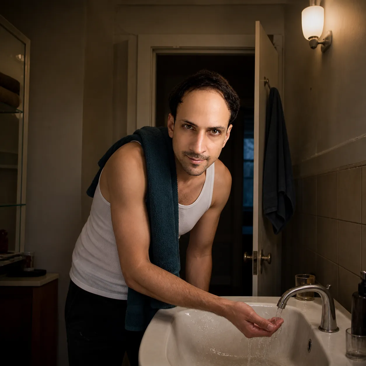 Rinsing the Basin, Door Hooked Open — AI Portrait Prompt
