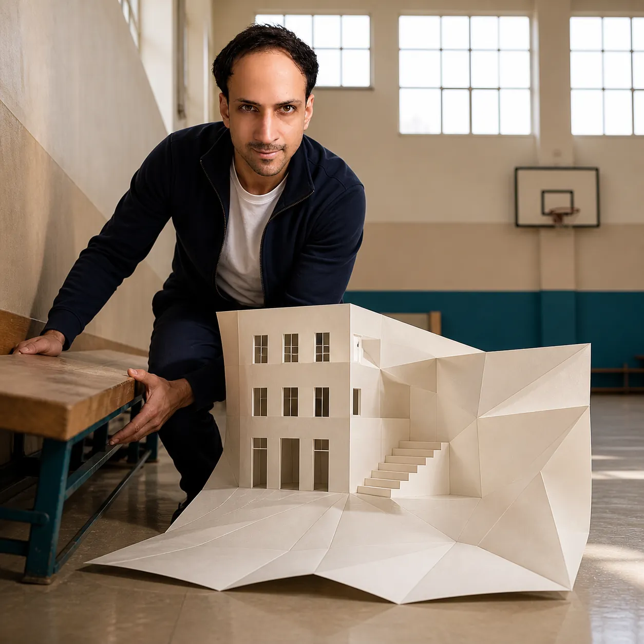 Pop-Up Courtyard in the Sports Hall — AI Portrait Prompt