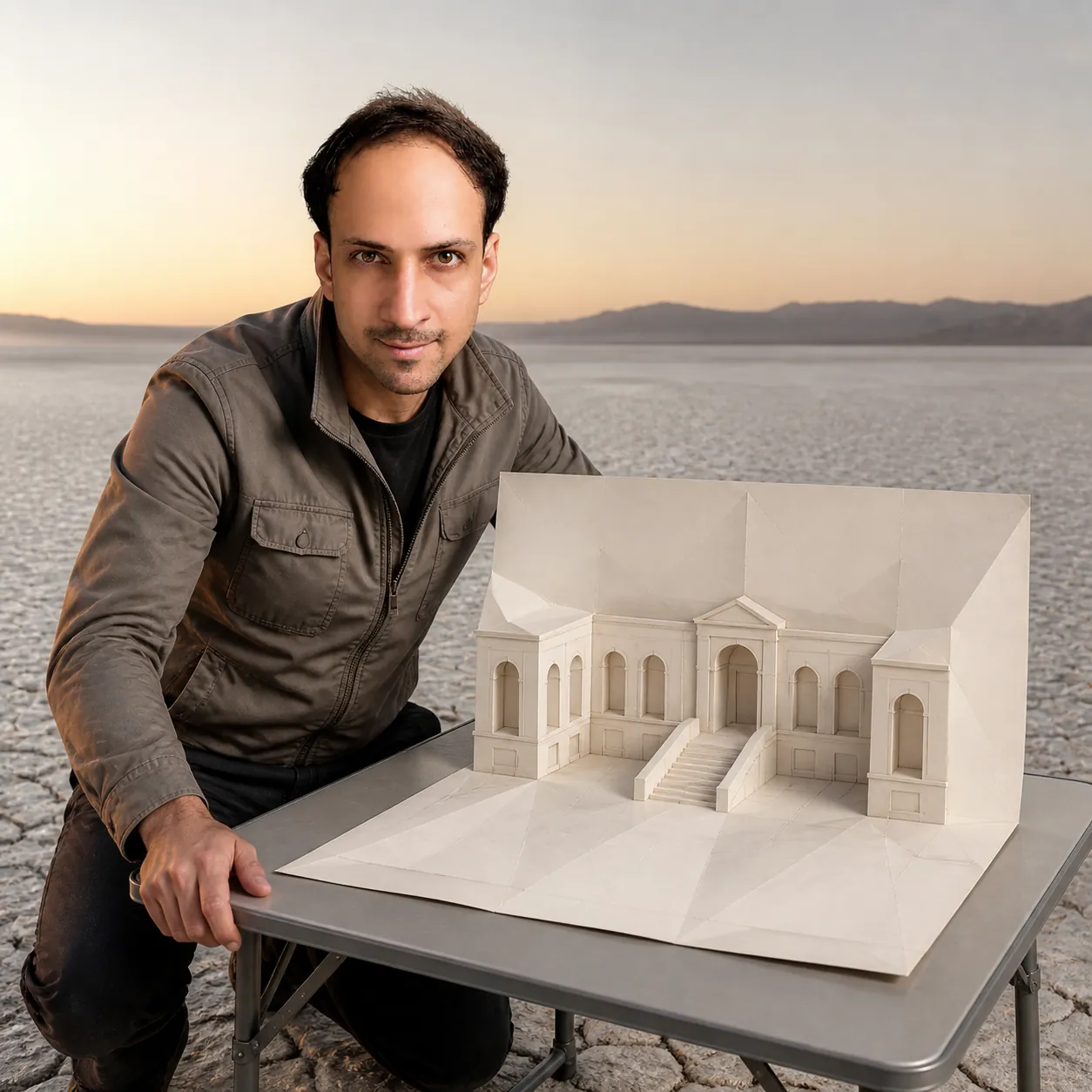 A Courtyard Rising from Paper — AI Portrait Prompt