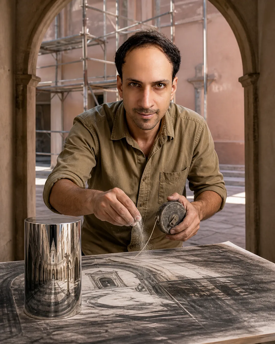 Assembled Meaning: Public Plaza Edge — AI Portrait Prompt