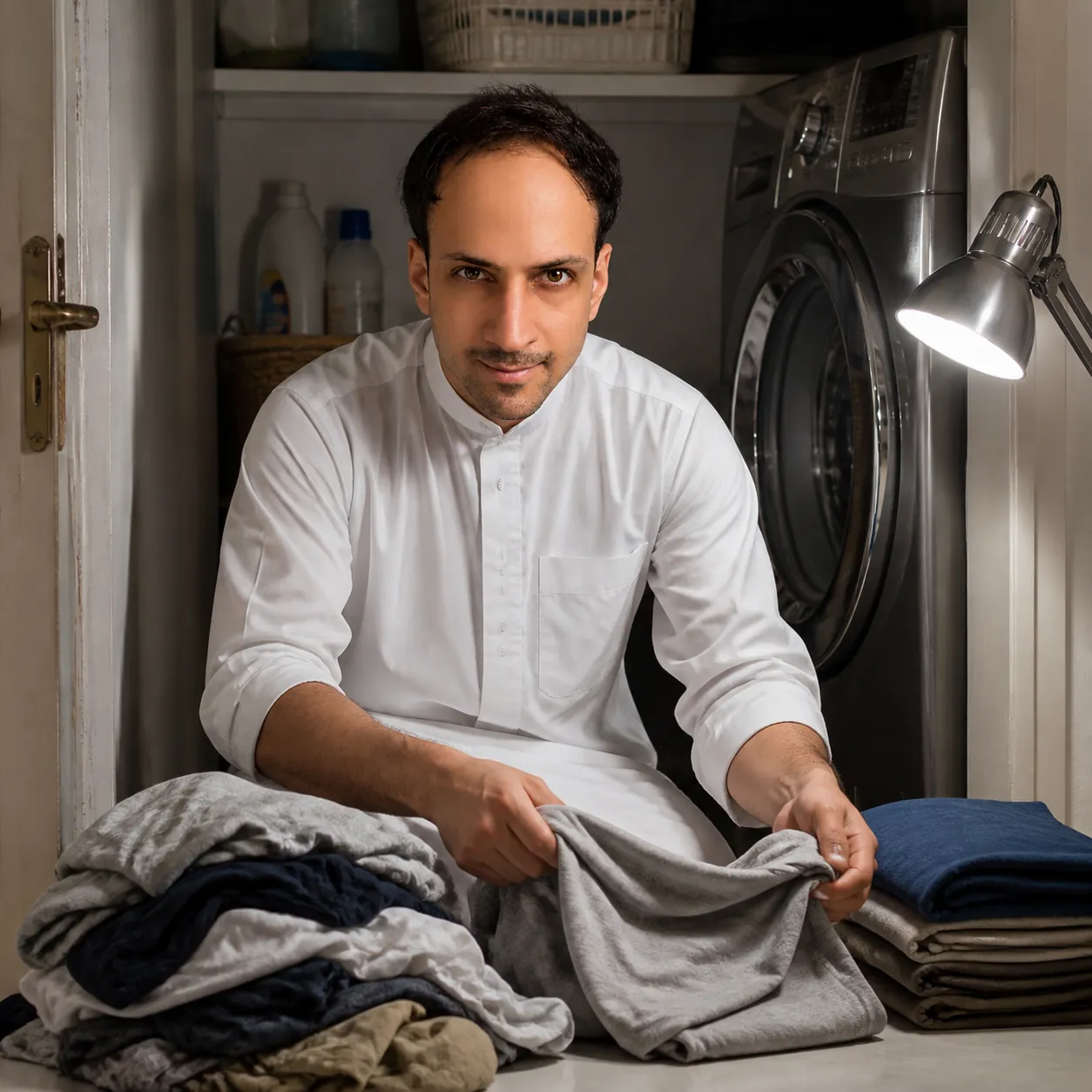 Sorting Laundry by Lamplight — AI Portrait Prompt