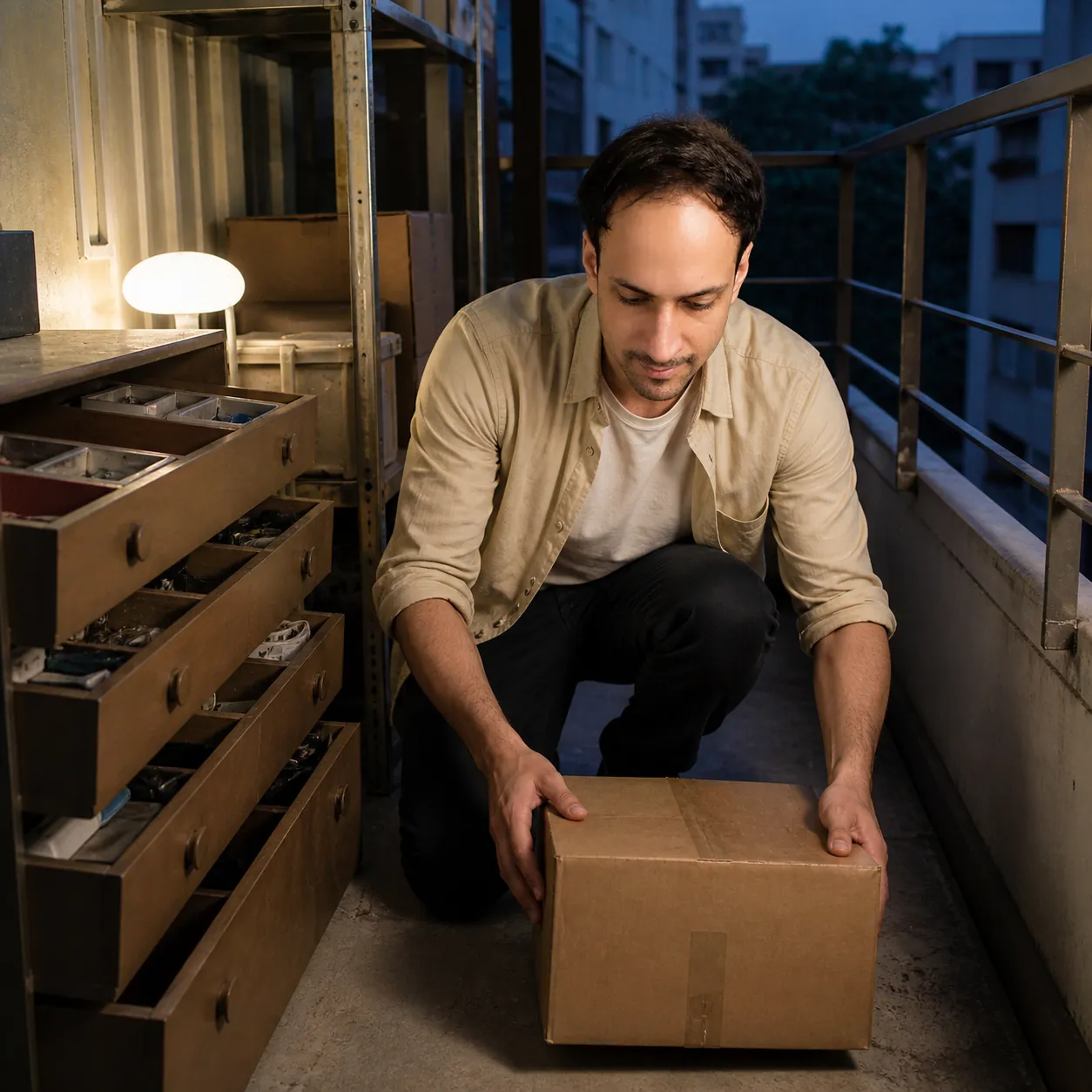 Boxes on the Service Balcony — AI Portrait Prompt
