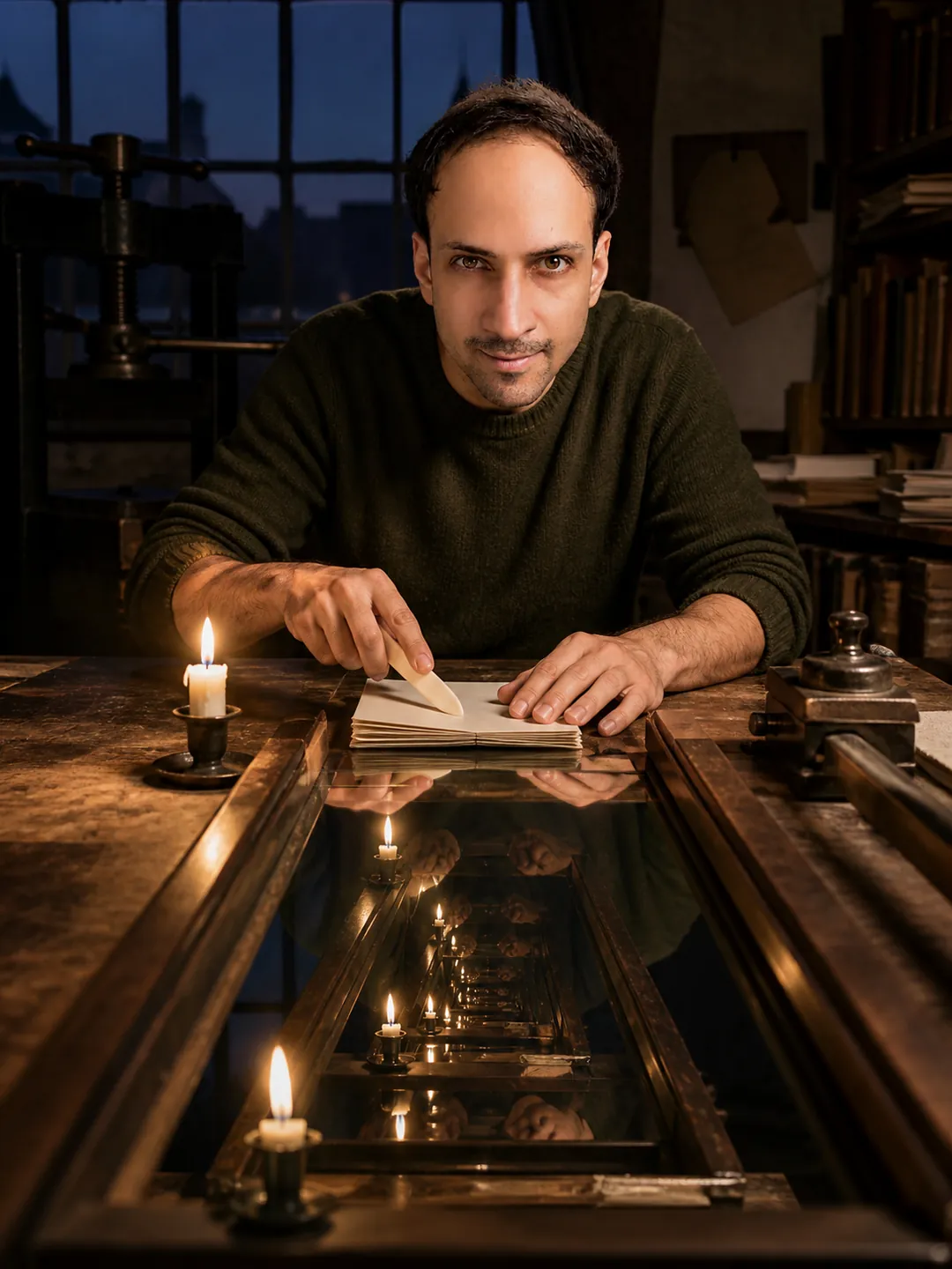 Honest Infinity: Bookbinder's Workshop Late — AI Portrait Prompt