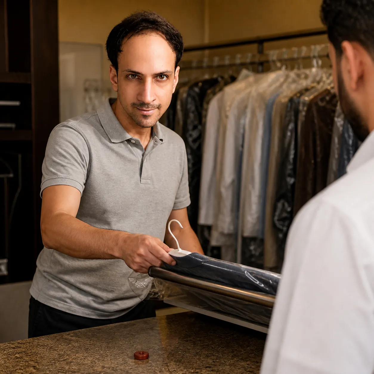 Hanger Along the Counter Rail — AI Portrait Prompt