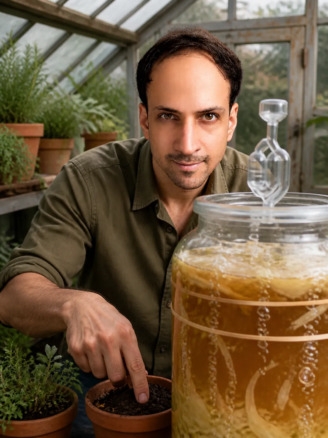 Time as Ingredient: Small Glasshouse Bench Among Herbs — AI Portrait Prompt