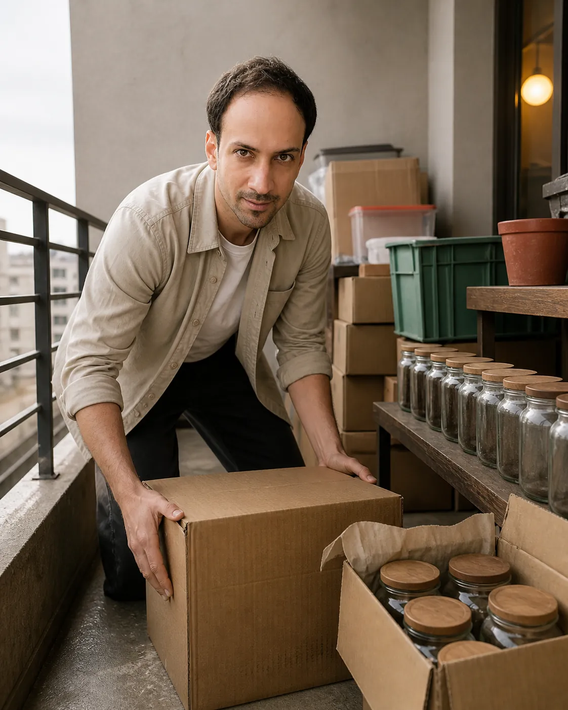 Half-Sorted Boxes on the Balcony — AI Portrait Prompt