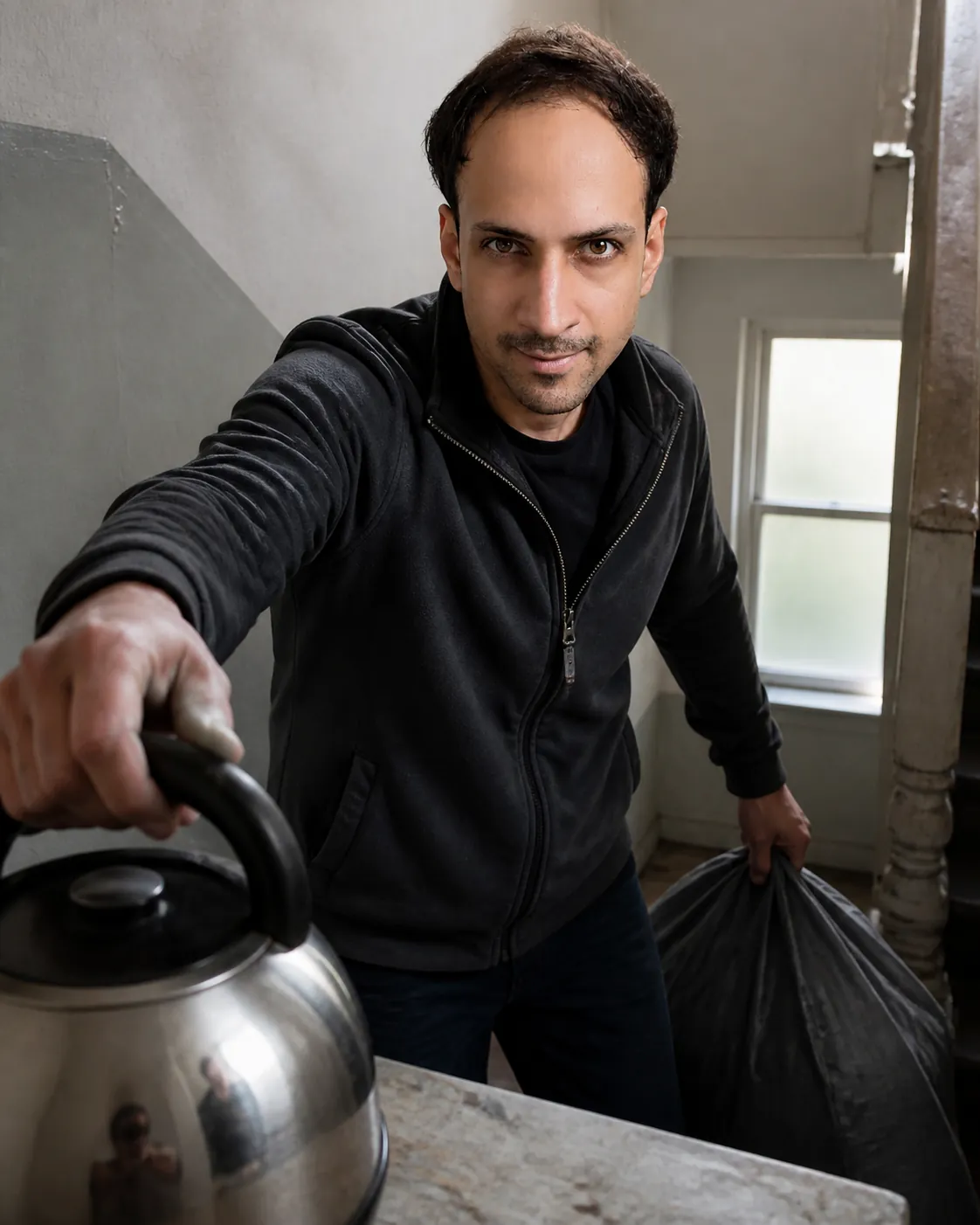 Stairwell Kettle Reflection — AI Portrait Prompt