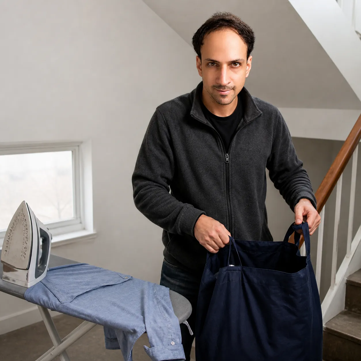 Bag Shifted on the Landing — AI Portrait Prompt