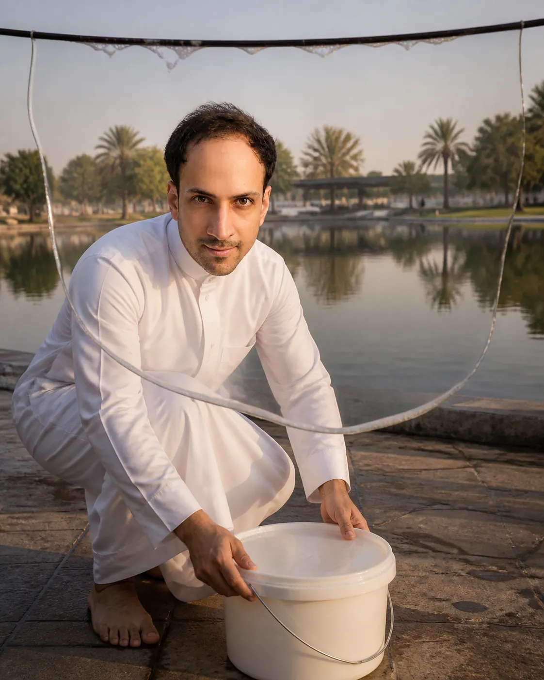 Lawful Color: Paved Edge of a Riyadh Park Lake — AI Portrait Prompt