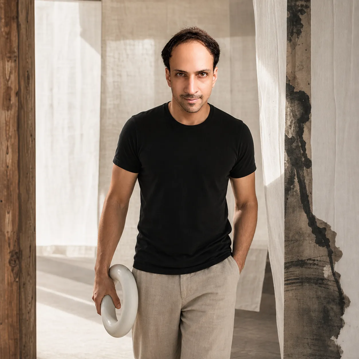 Studio Minimalism: Passage with a white ceramic ring — AI Portrait Prompt