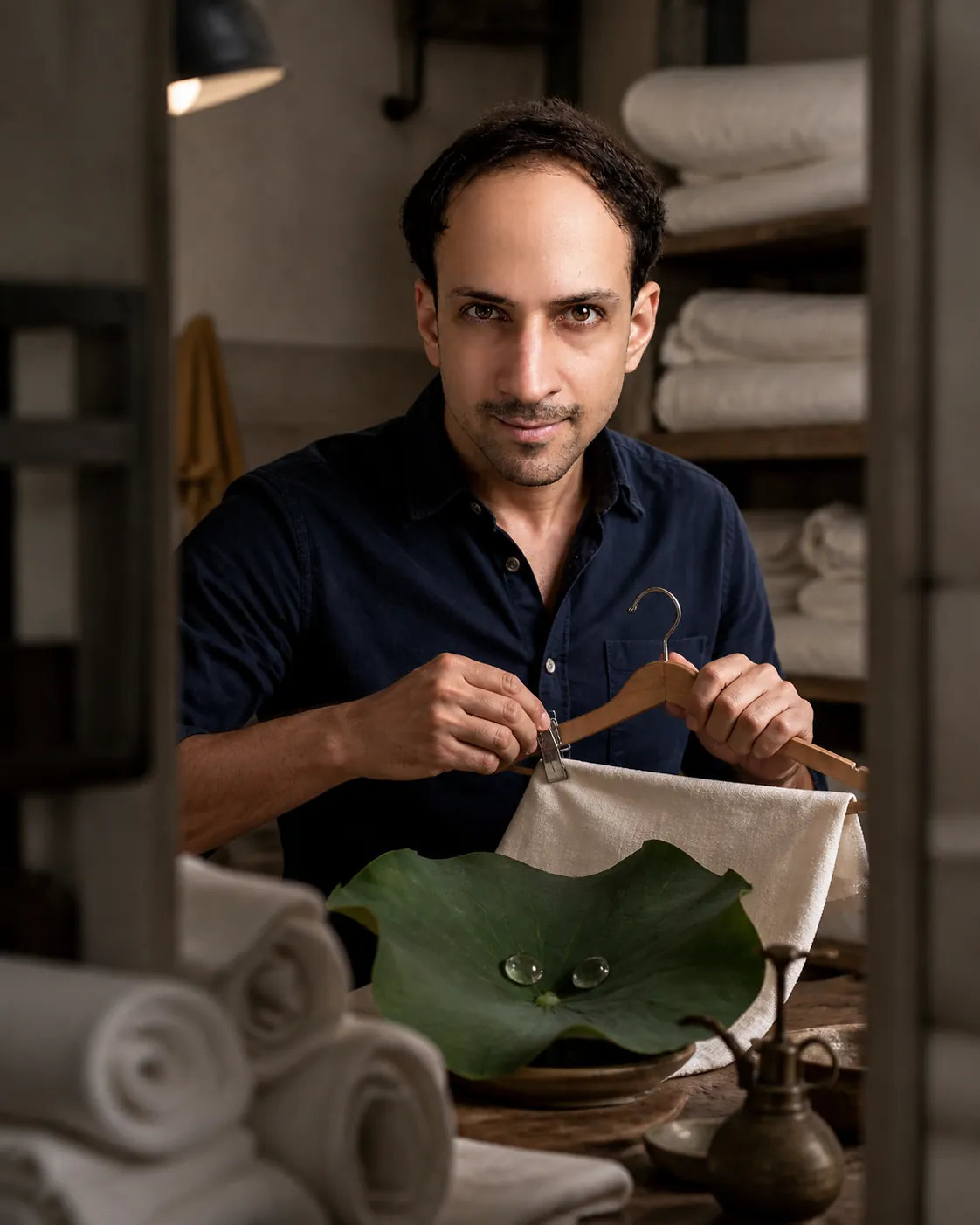 Lotus Droplets in the Textile Room — AI Portrait Prompt