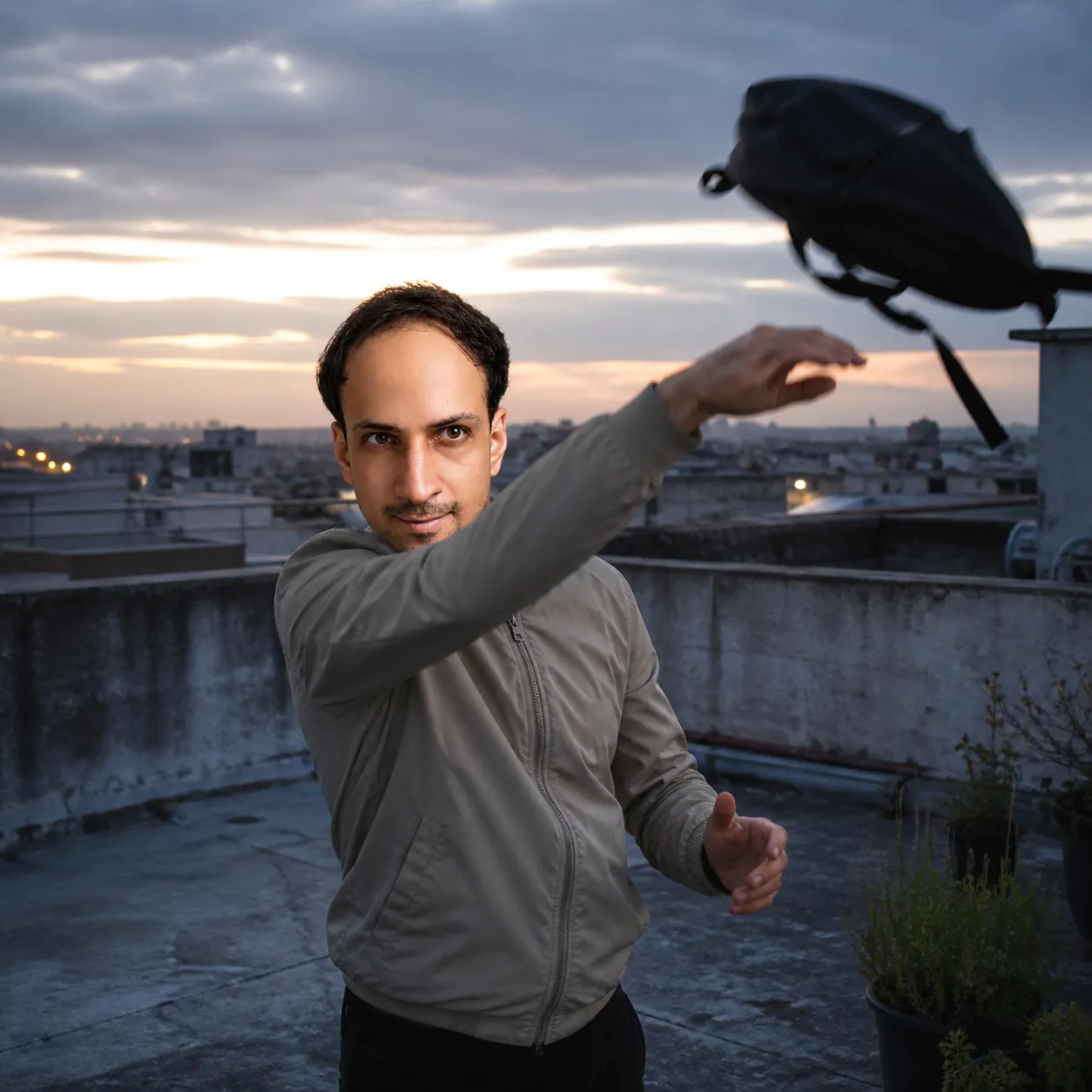 Empty Bag at Rooftop Dusk — AI Portrait Prompt