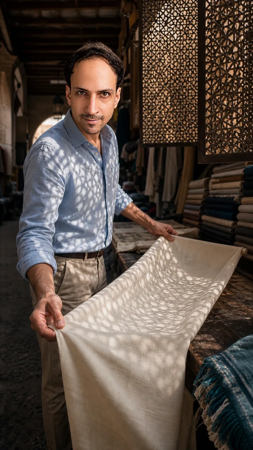 Standing Motion: Covered Textile Souq Aisle — AI Portrait Prompt