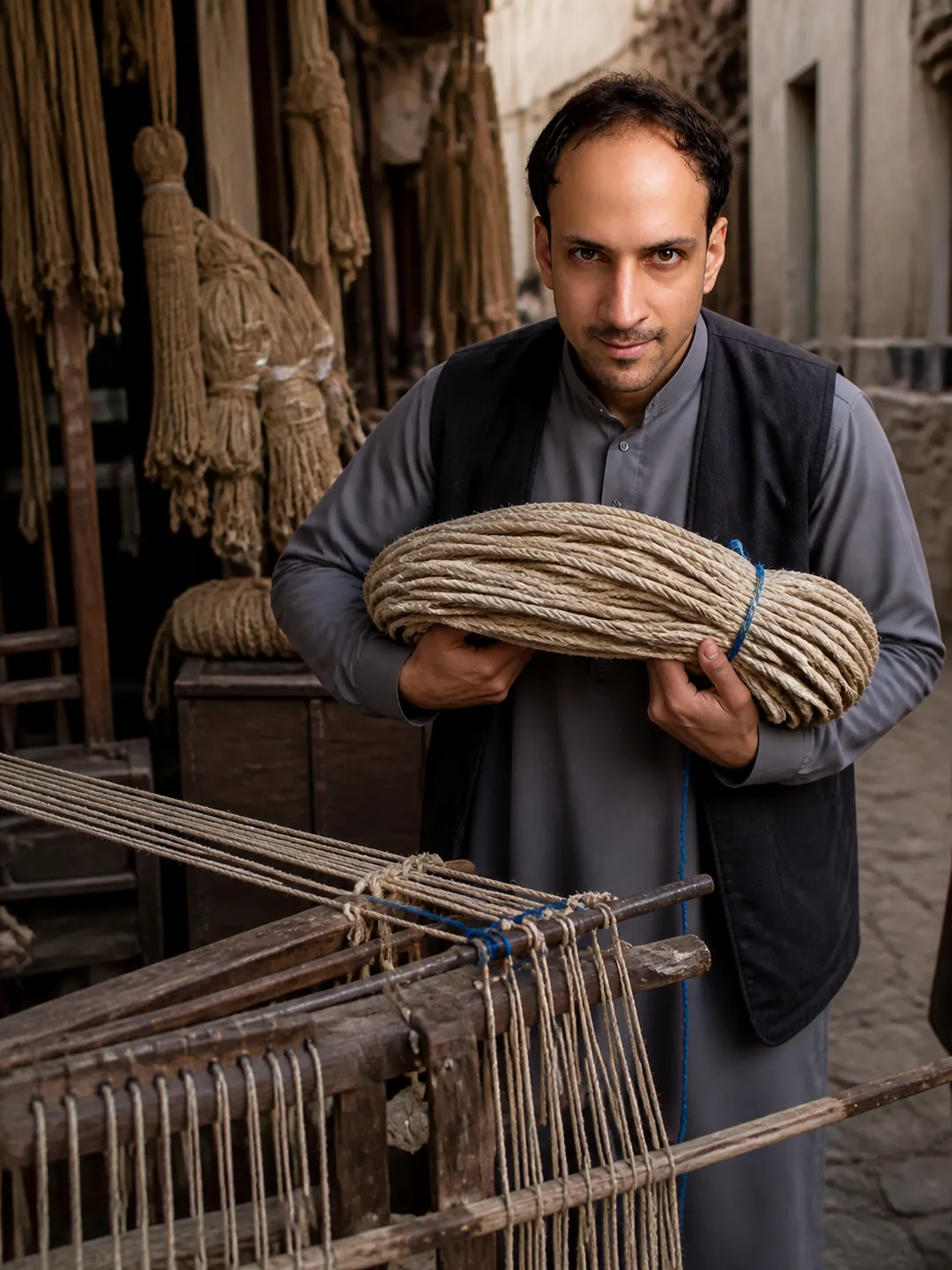 Rewired by Hand: Rope-Seller's Stall Deep — AI Portrait Prompt