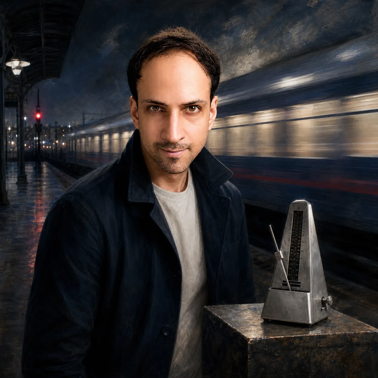 Movement and Stillness: Witness with a silver metronome — AI Portrait Prompt