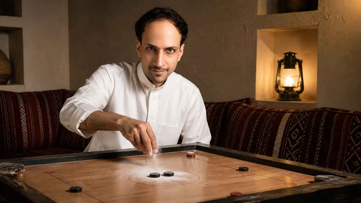 Hand Speed: Majlis Corner Given to a Carom Board — AI Portrait Prompt