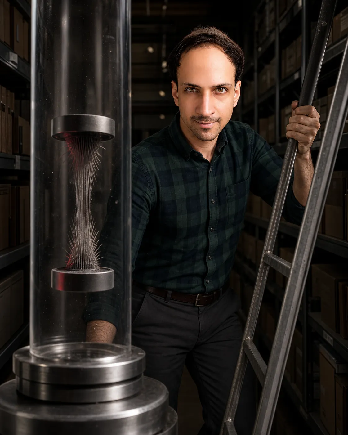 Load Without Contact: Dim Archive Basement Aisle — AI Portrait Prompt
