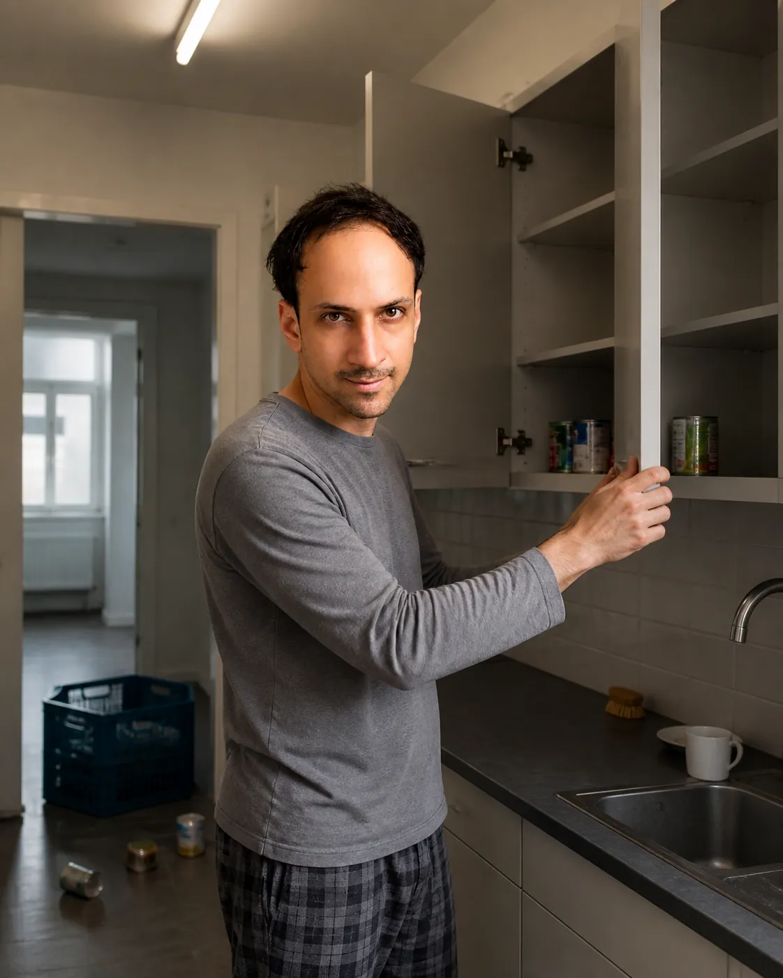 Closing the Cupboard on Half-Returned Tins — AI Portrait Prompt