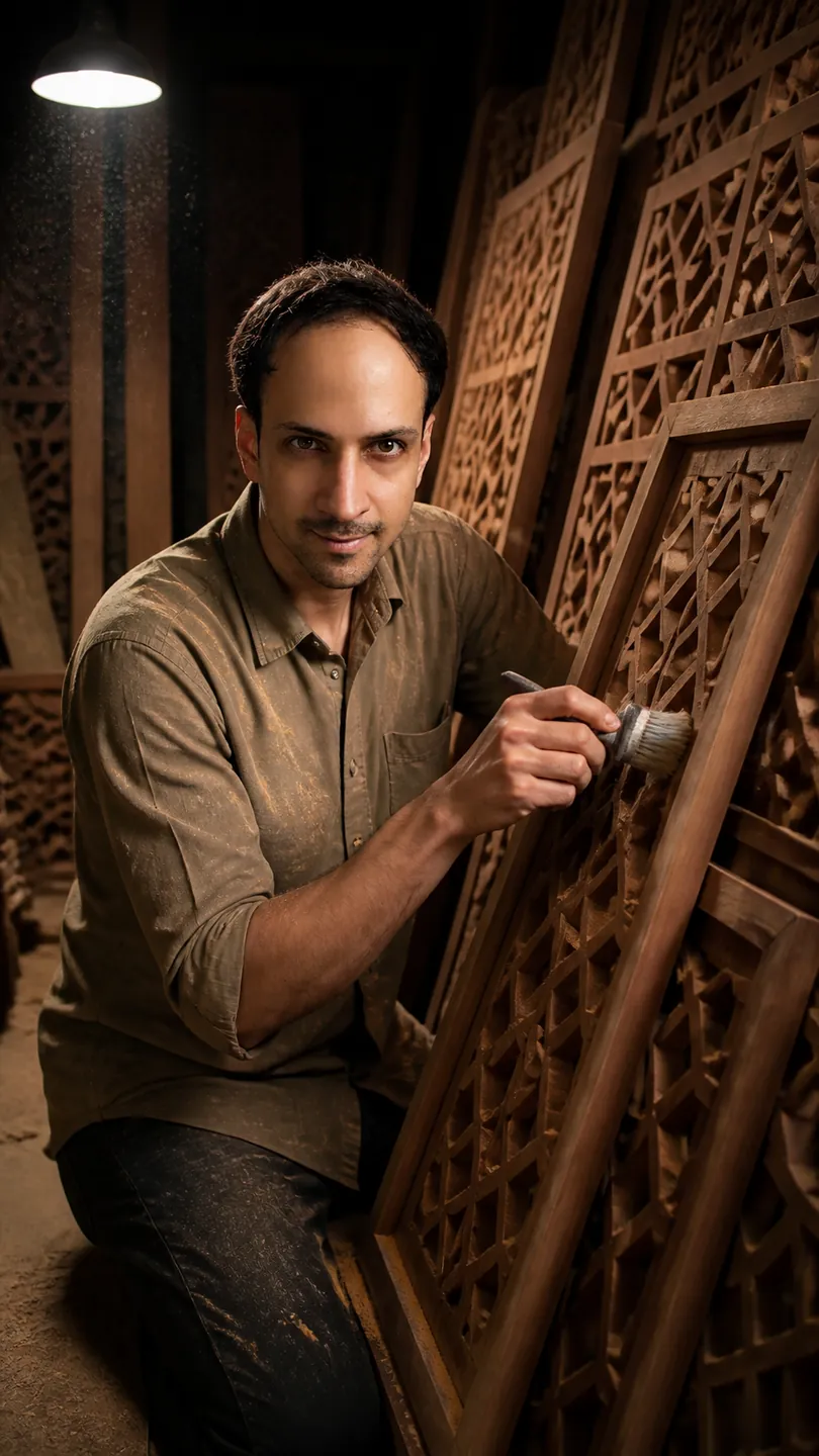 Woven Interference: Lattice Joinery Shop — AI Portrait Prompt