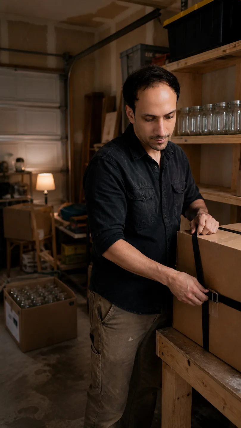 Strapping Boxes in the Stalled Garage — AI Portrait Prompt