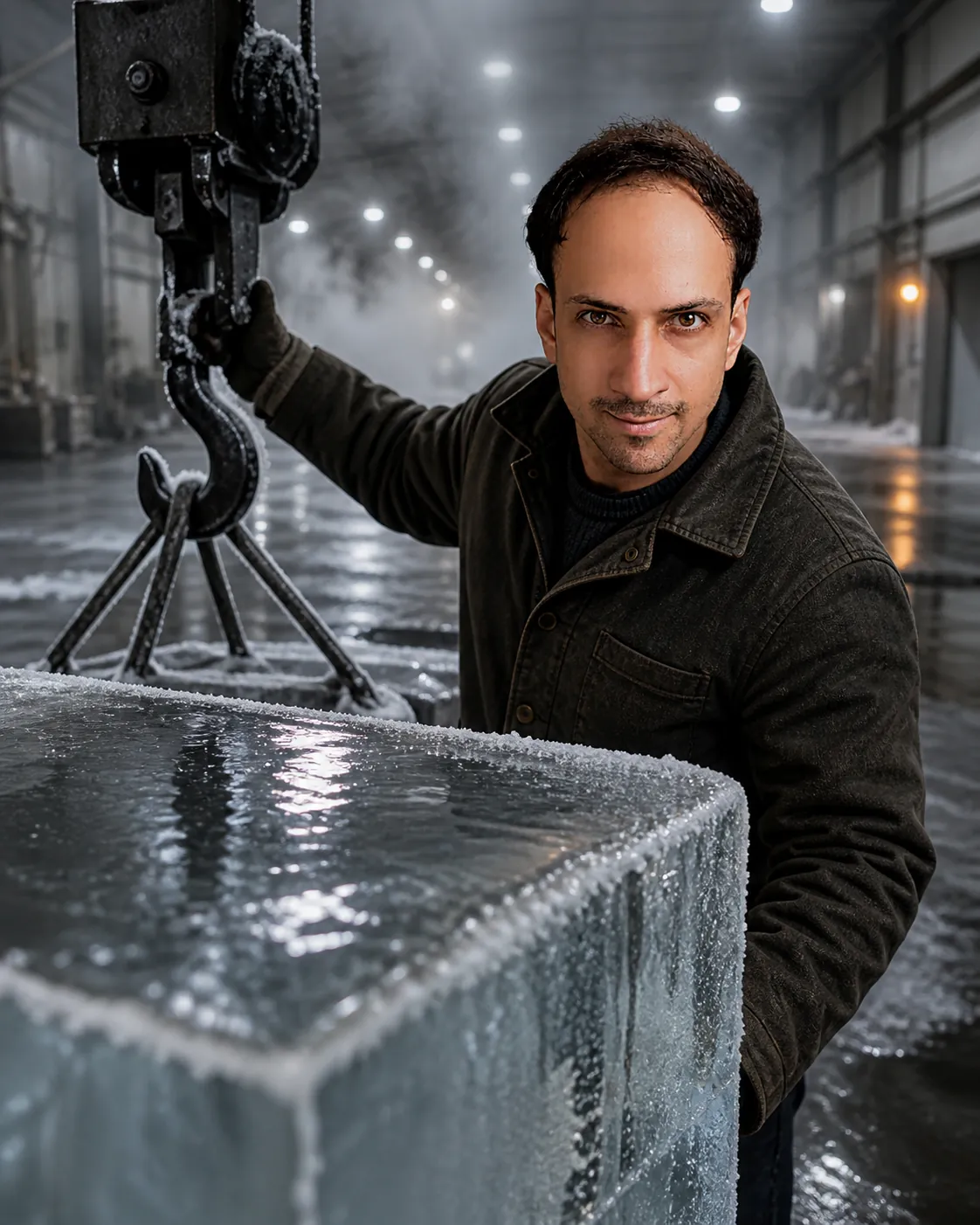 Supercooled Water in the Riyadh Ice Plant — AI Portrait Prompt