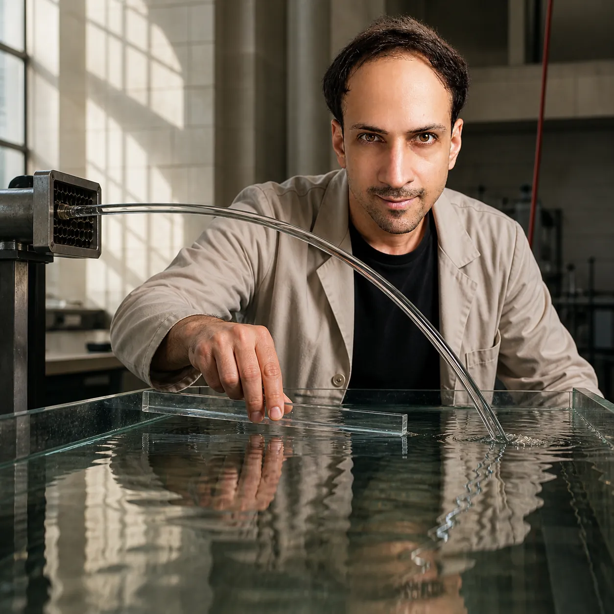 Glass-Rod Water in the Flume Lab — AI Portrait Prompt