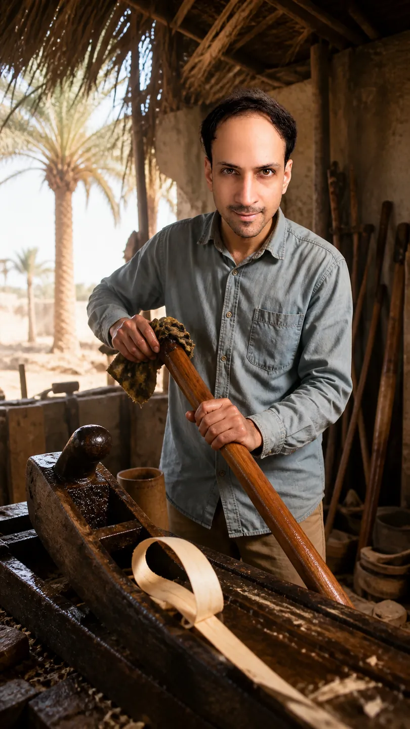 Kept Not Replaced: Palm-Frond-Shaded Implement Shed — AI Portrait Prompt