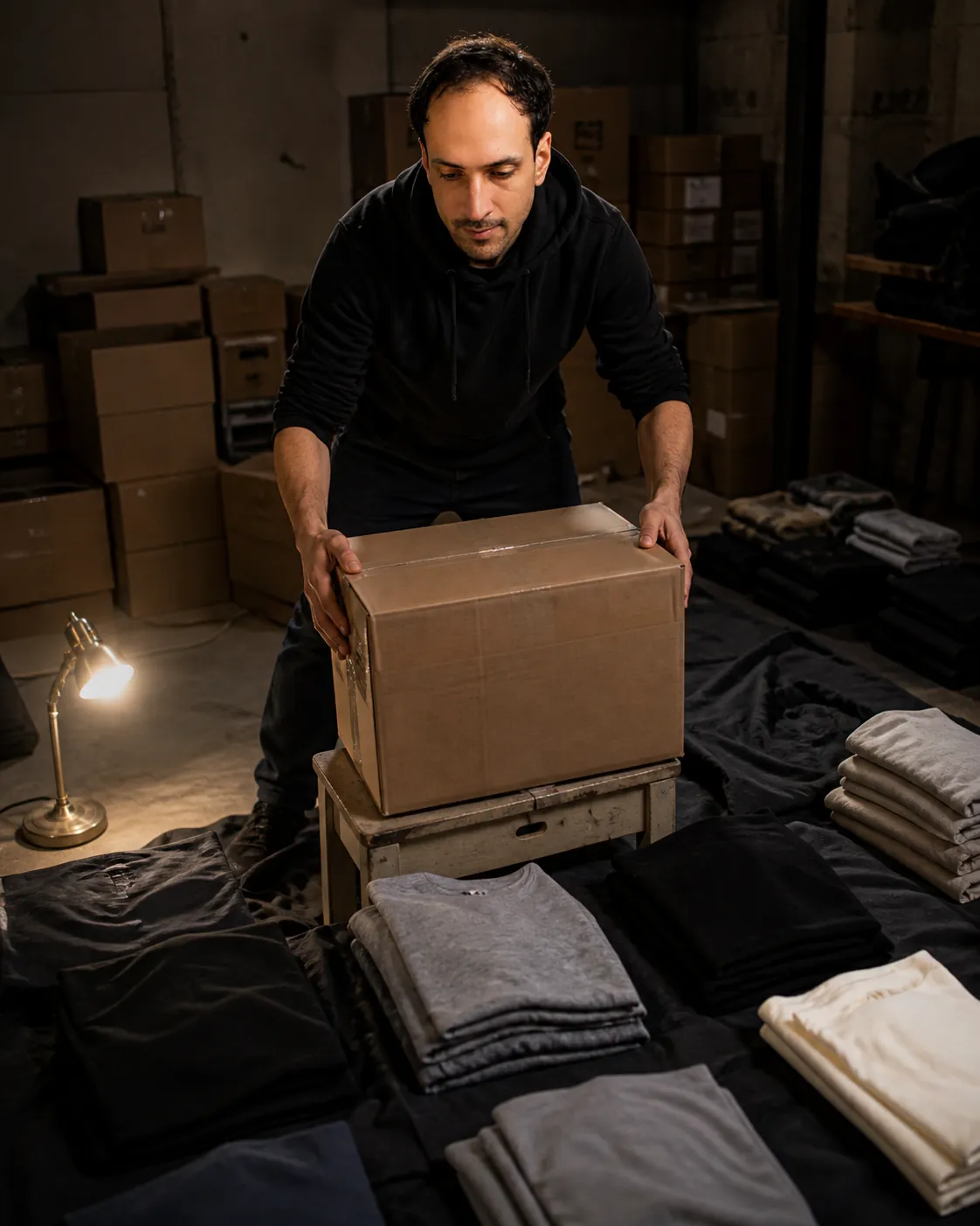 Sleeves Up: Windowless Flat Storeroom Stacked — AI Portrait Prompt