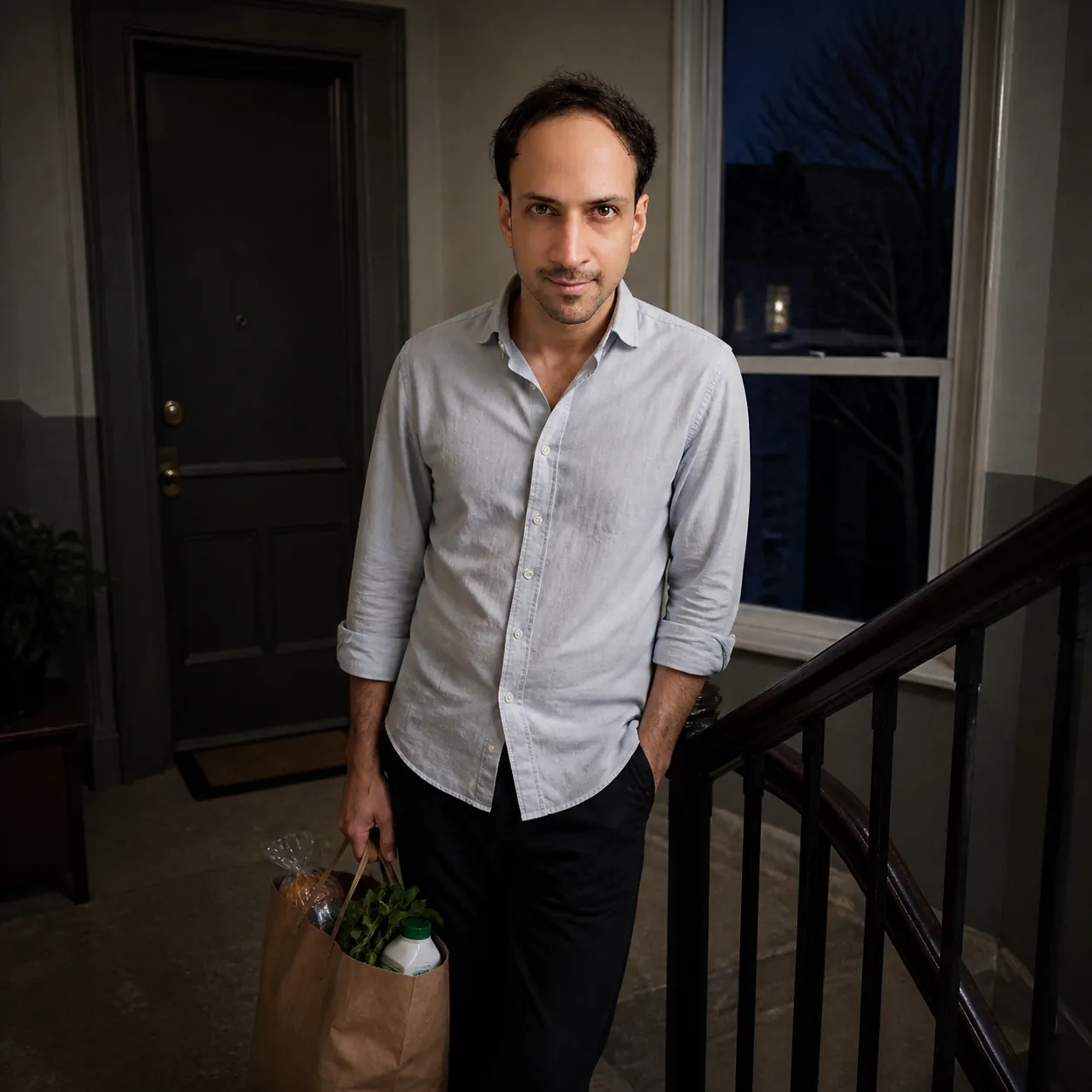 The Pause on the Landing — AI Portrait Prompt