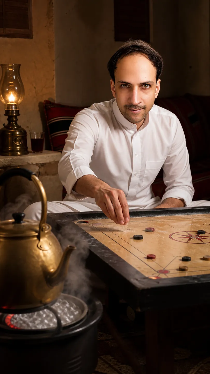 The Quiet Hours: Majlis Corner Given to a Carom Board — AI Portrait Prompt