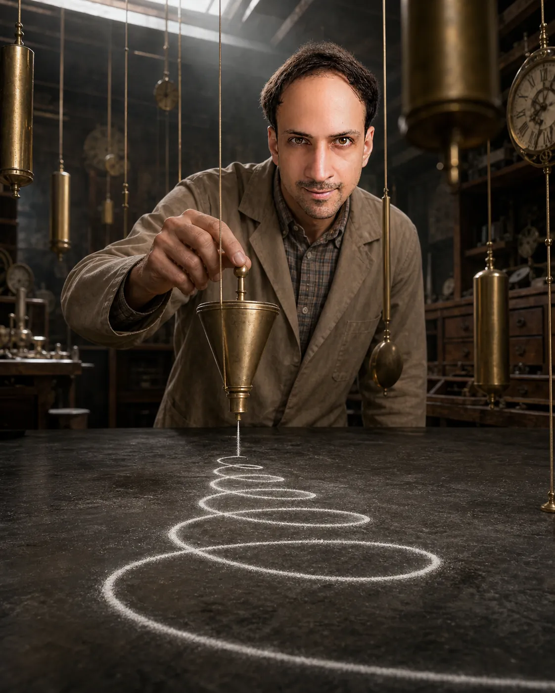 Sand Pendulum in the Clockmaker's Back Room — AI Portrait Prompt