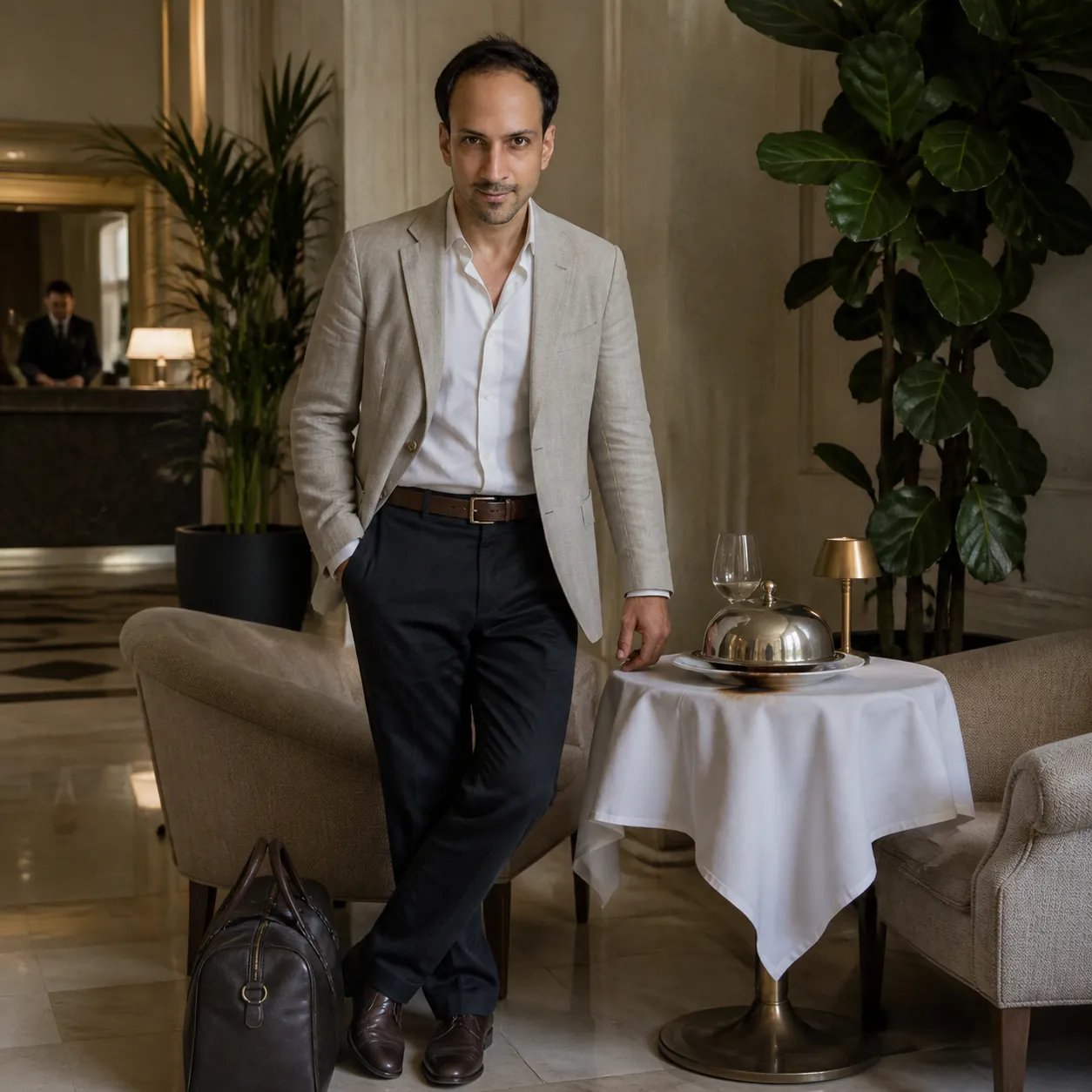 Hotel Lobby, Holdall Upright — AI Portrait Prompt