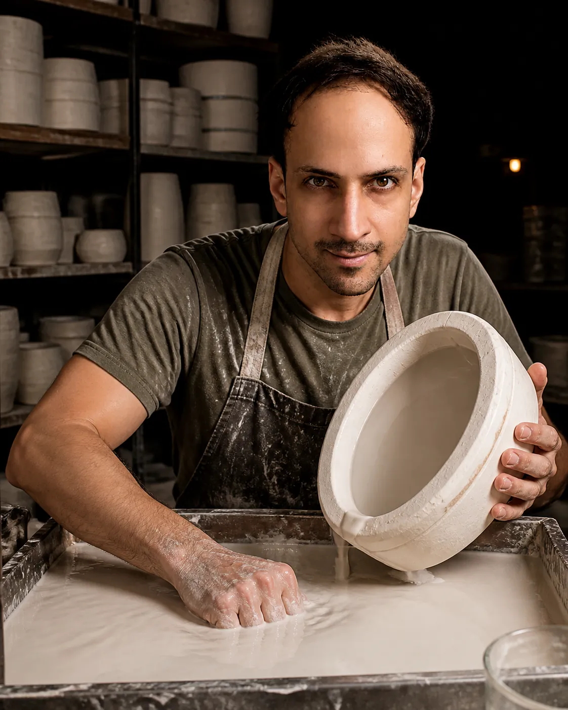Cornstarch Tray at the Slip Bench — AI Portrait Prompt