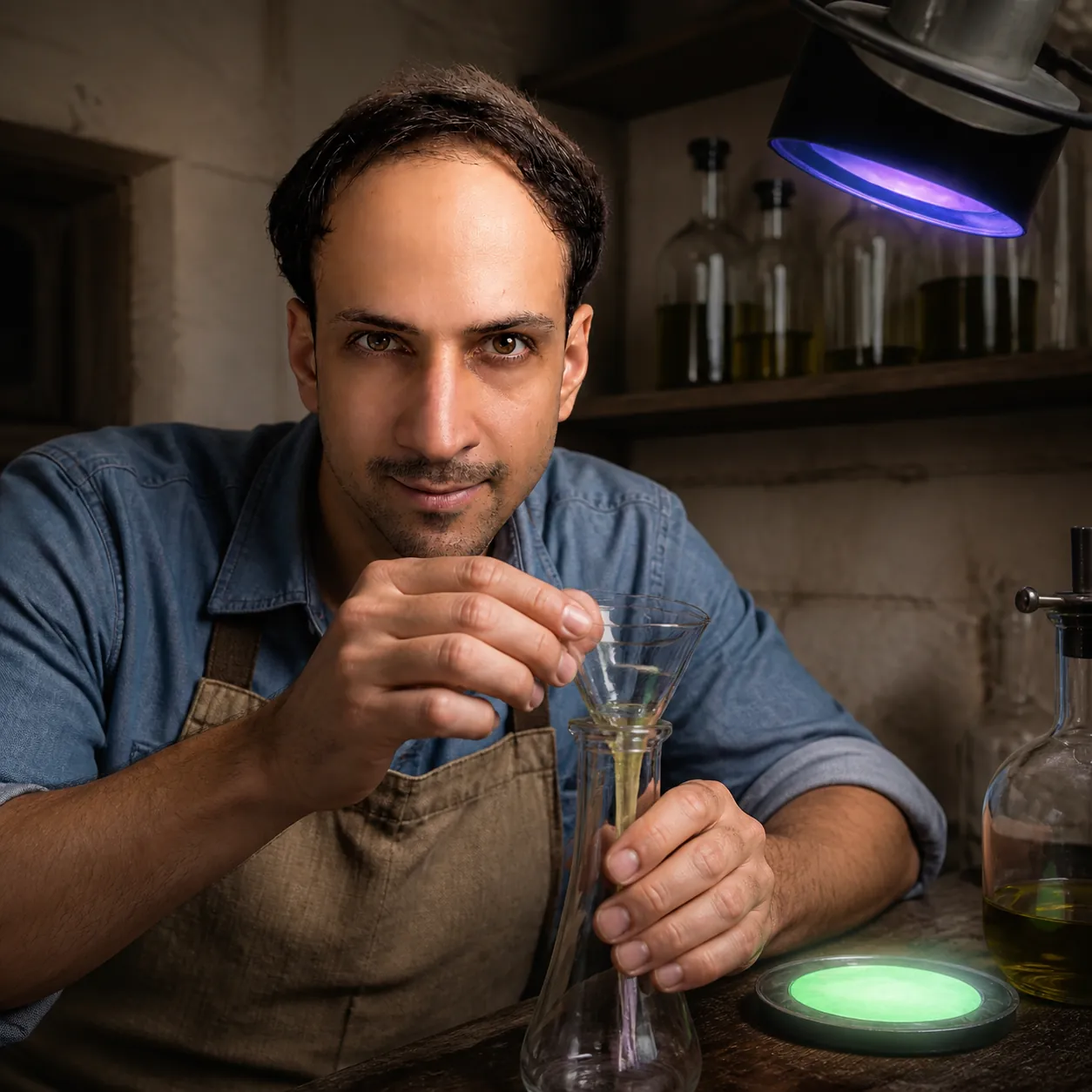 Afterglow in the Olive Press — AI Portrait Prompt