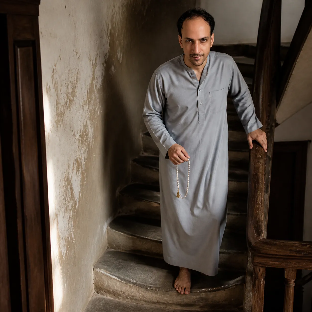 The Worn Misbaha on the Stairs — AI Portrait Prompt
