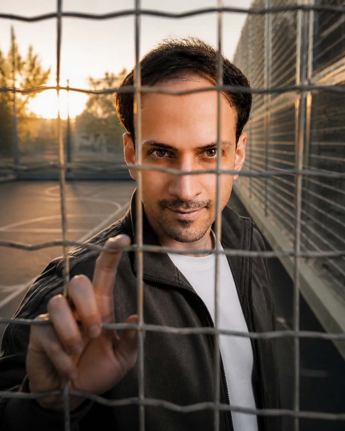Woven Interference: Empty Neighborhood Sports Court — AI Portrait Prompt